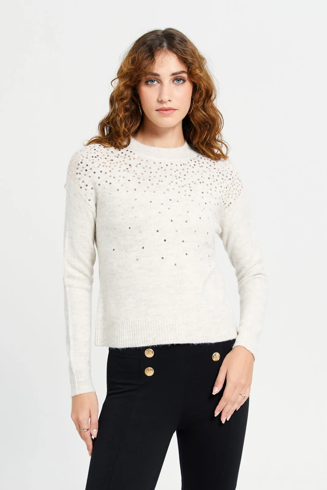 Women Beige Embellished Pullover