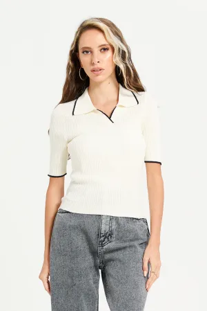 Women Beige Piping Polo Shirt