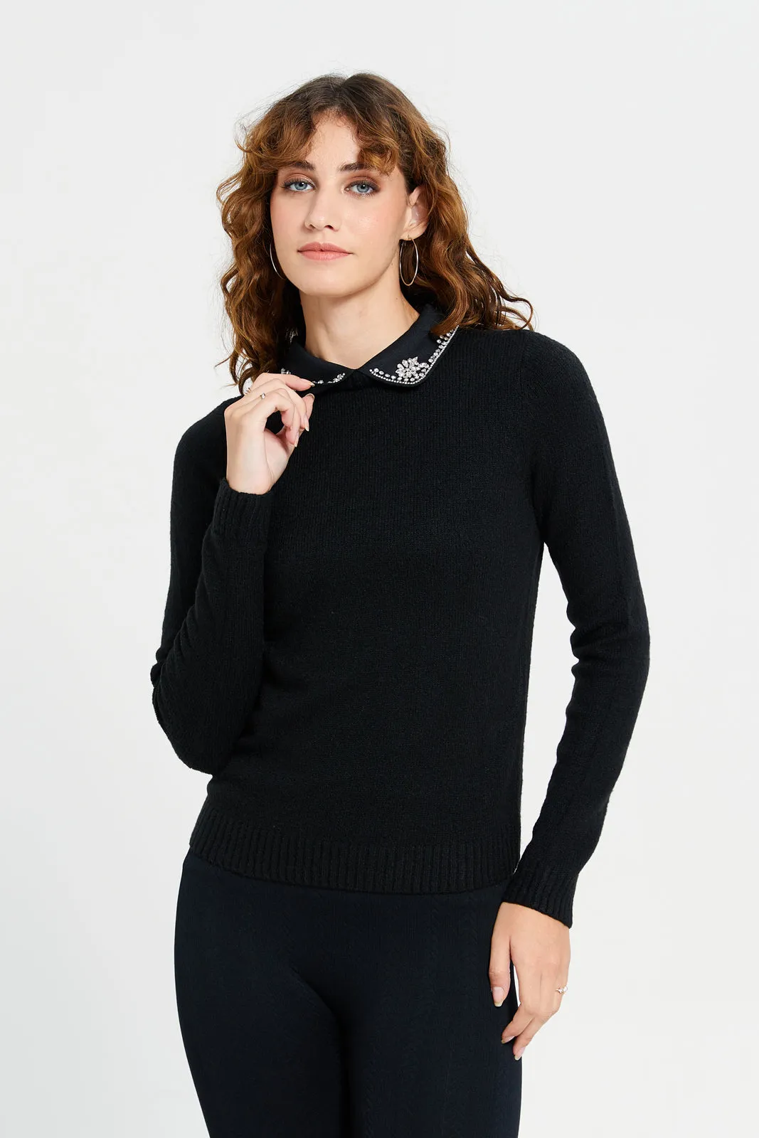 Women Black Embellished Pullover