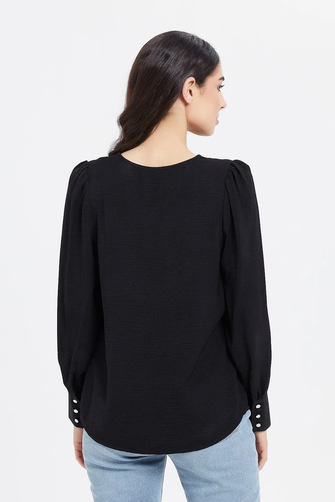 Women Black Puff Sleeve Blouse With Gold Buttons