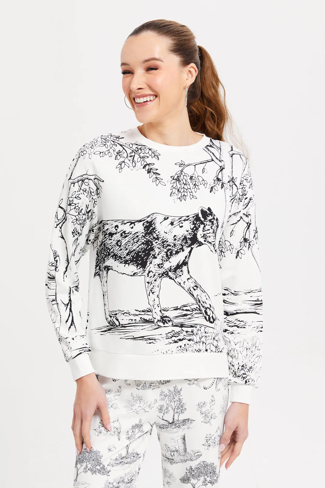 Women White And Black Printed Sweatshirt